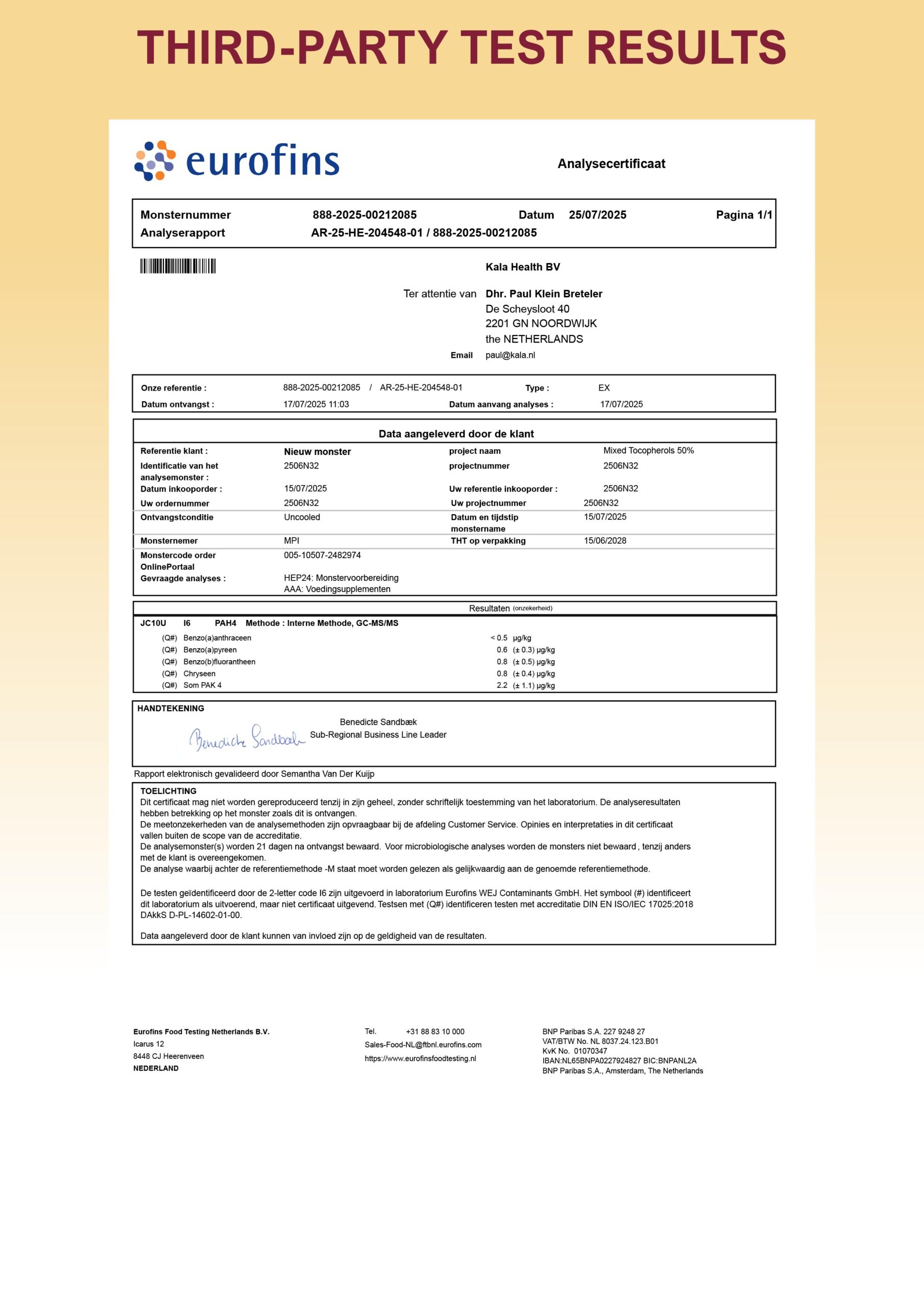 Vitamin E T8 Complete 8 Third party lab report of our Kala Health MSM GC Tablets