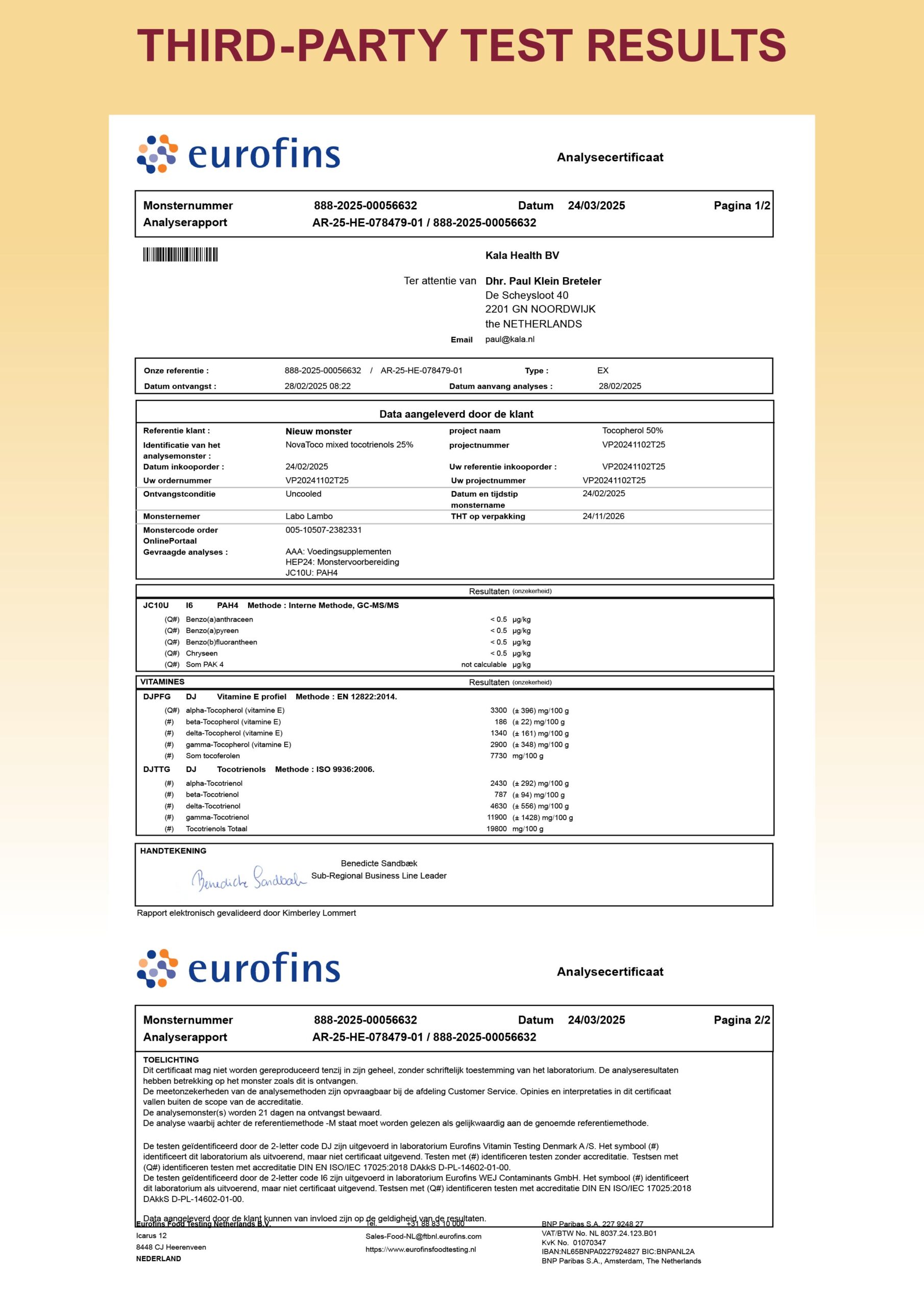 Vitamin E T8 Complete 9 Third party lab report of our Kala Health MSM GC Tablets