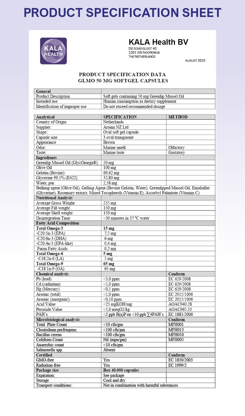 Green-lipped mussel oil (Aspitol®) 3 The Product Specification Sheet of Greenlipped Musseloil capsules, Produced and offered by Kala Health