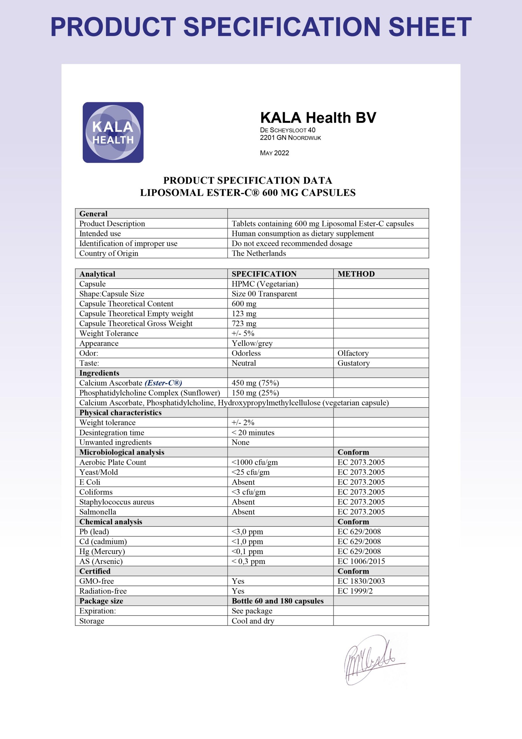 Liposomal Ester-C® 5 The Product Specification Sheet of Liposomal Ester-C capsules from Kala Health