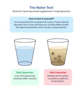 The water test: discover if your liposomal supplement is truly liposomal. Illustration of two glasses of water. Left: real liposomes, clear and homogeneously dissolved within seconds. Right: fake liposomal, floating on the surface or sediment at the bottom. Test it yourself by stirring powder from a capsule into water.