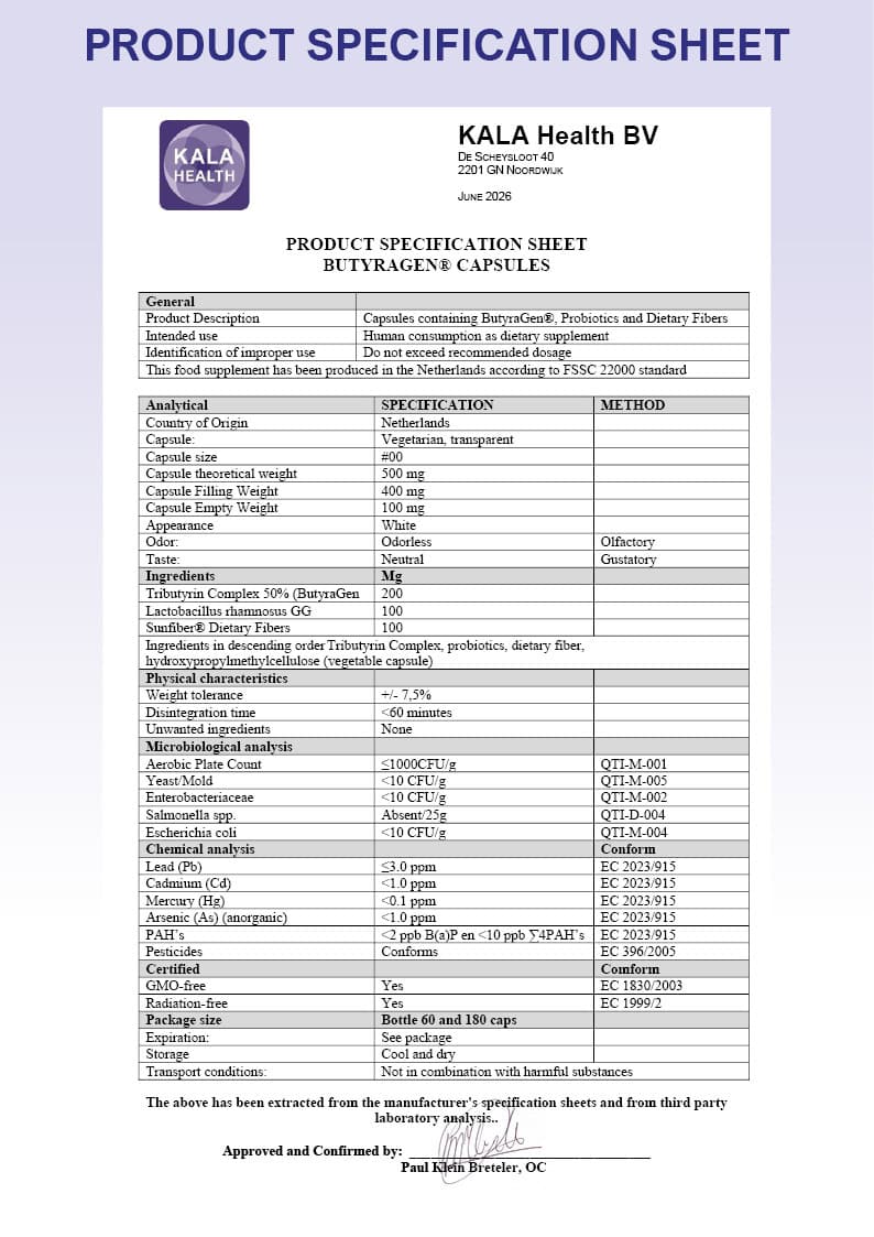 ButyraGen® Butyrate Capsules with Tributyrin 3 De Product Specificatie Sheet van ButyraGen Capsules van Kala Health